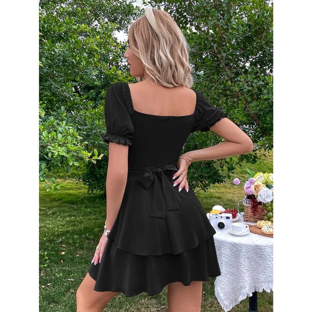 Sweetheart Neck Short Puff Sleeve Layered Hem Mini Dress light blue - Picture 9 of 11